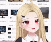 a girl with blonde hair and red eyes is standing in front of a monitor that says odyssey