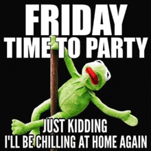 kermit the frog is hanging on a pole and says friday time to party just kidding i 'll be chilling at home again