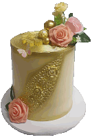 a gold cake with pink roses and a butterfly on top