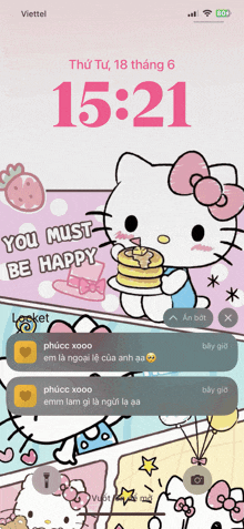 a hello kitty phone screen that says you must be happy at 15:21