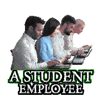 a group of people sitting at desks with laptops and the words a student employee