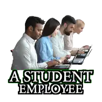 a group of people sitting at desks with laptops and the words a student employee