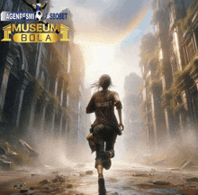 a woman in a sbobet shirt is running through a destroyed city