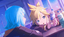 a girl with blue hair is looking at a boy with yellow hair who is holding a bottle of water