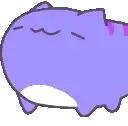 a purple cat is sleeping with its eyes closed and its tongue sticking out .