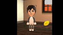 a video game character is standing in a room with a window and an edit button in the corner
