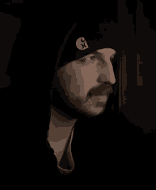 a man with a beard wearing a black beanie and a hoodie is smiling .
