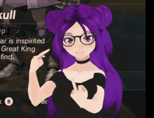 a girl with purple hair and glasses is giving the middle finger in a video game