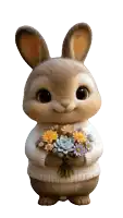 a bunny wearing a white sweater is holding a bunch of flowers