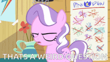 a cartoon of a pony with the words that 's a weird question
