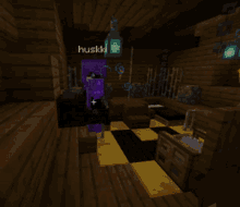 a person in a purple outfit is standing in a room with the name huskld written on the wall