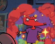 a cartoon character with horns is holding a spoon with the letter s on it