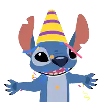 a cartoon character wearing a party hat with a pink ribbon in its mouth