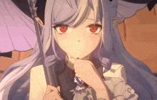 a girl with purple hair and red eyes is holding a purple umbrella .