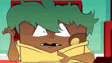 a cartoon character with green hair and a yellow shirt is making a funny face