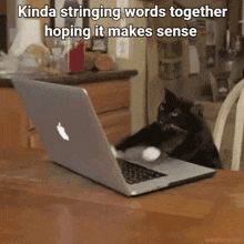 a cat is playing with an apple laptop on a table