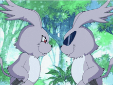 two cartoon rabbits are looking at each other and one has sunglasses on