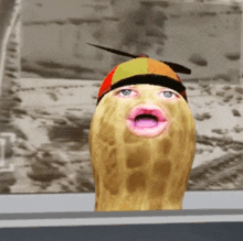 a peanut wearing a baseball cap has a pink lip