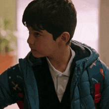 a young boy wearing a blue jacket with the letter t on the hood