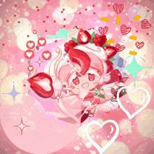 a girl with a bow and arrow is surrounded by hearts and a sign that says " skip "