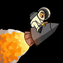 a cartoon character is sitting on a rocket with flames coming out of it
