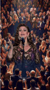 a painting of a woman singing into a microphone in front of a crowd