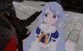 a girl with blue hair and purple eyes is standing next to a person .