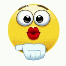 a yellow smiley face with red lips and a hand pointing to the right