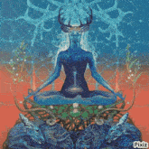 a painting of a person in a lotus position with a deer on their head