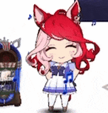 a cartoon girl with red hair is standing next to a jukebox and smiling .