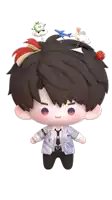 a cartoon character with a bunch of stuffed animals in his hair
