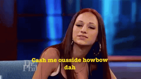 Girl on talk show with captioned phrase.