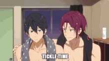 a couple of anime characters standing next to each other with the words tickle time written above them