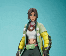 a woman in a green and yellow outfit has a necklace on her neck