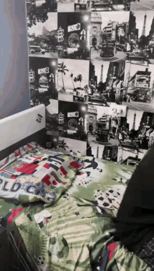 a bed with a pillow that says world on it