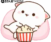 a cartoon of a cat sitting on a bean bag chair eating popcorn from a striped bucket