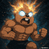 a cartoon of a bear with flames on his head