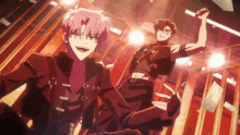 two anime characters are standing next to each other