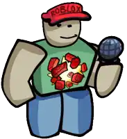 a roblox character is holding a microphone and wearing a hat