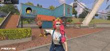 a girl with pink hair and sunglasses is standing in front of a ferris wheel in a game called free fire