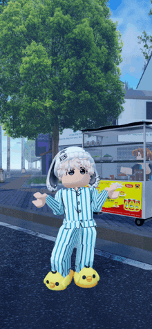 a cartoon character is standing in front of a food cart that says pop