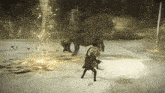 a video game scene with a horse and a person