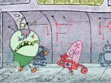 a cartoon drawing of a green monster and a robot