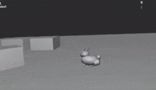 a 3d model of a rabbit with a sad face is laying on the ground