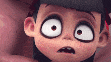 a close up of a cartoon character 's face with red eyes