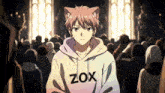 a boy with cat ears is wearing a hoodie with the word zox on it