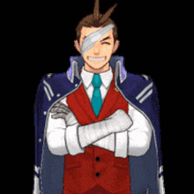 a man with a bandage on his eye is wearing a red suit and tie