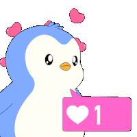 a penguin with pink hearts on its head is holding a pink sign that says 250