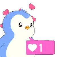 a penguin with pink hearts on its head is holding a pink sign that says 250