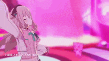 a girl in a pink and white outfit is dancing on a stage .